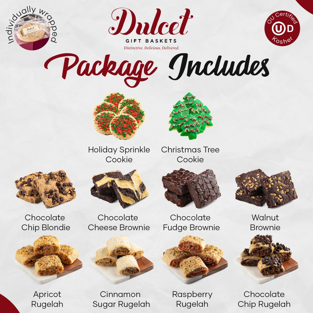 Dulcet kosher Christmas gift assortment featuring holiday sprinkle and Christmas tree cookies, chocolate brownies, blondies, and assorted rugelach flavors.