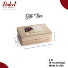 Dulcet gold sympathy gift tin featuring a Deepest Sympathy lid with purple flowers, measuring 8 x 6 x 3 inches, weighing 2 lb, and made in the USA.