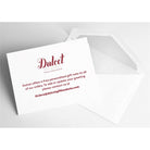 White Dulcet Gift Baskets card with matching envelope, explaining how customers can add or update a free personalized gift note by em