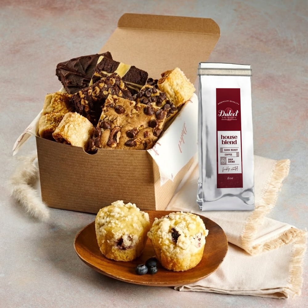 Dulcet gourmet coffee gift box with assorted brownies, chocolate chip blondies, two blueberry muffins and a 2 oz bag of dark roast coffee.