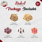 Dulcet Easter cookie assortment infographic featuring oatmeal raisin cookies, chocolate chip cookies, colorful holiday sprinkle cookies, bunny-shaped Linzer cookies and pink bunny sugar cookies.