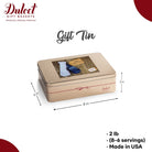 Dulcet Father's Day gold gift tin with blue necktie design, showing dimensions of 8 x 6 x 3 inches, 2 lb weight and Made in USA details.