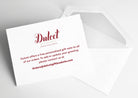 Dulcet Gift Baskets white personalized gift note card with an open matching envelope, displaying the brand logo and instructions for adding or updating a complimentary gift message.