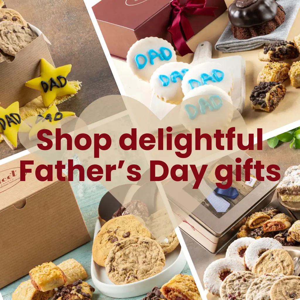 Collage of Father's Day gift ideas including cookies, a book, and small gifts with 'DAD' on them.