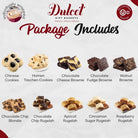 Dulcet OU-certified kosher bakery assortment featuring Chinese cookies, hamantaschen, chocolate cheese, fudge and walnut brownies, chocolate chip blondies and assorted rugelach.