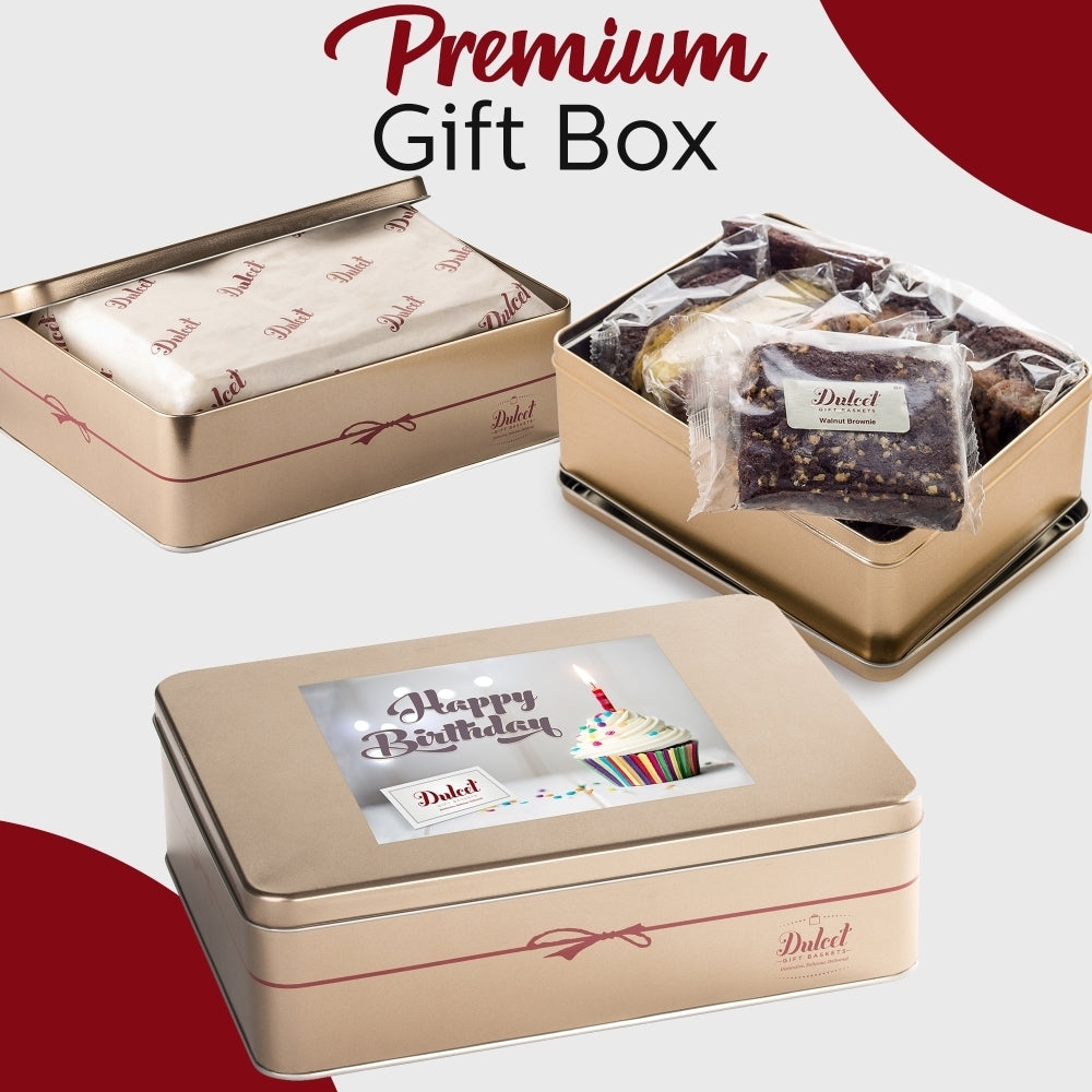 Dulcet premium gold birthday gift tin shown open and closed, featuring a Happy Birthday cupcake label, branded wrapping and individually wrapped gourmet brownies.