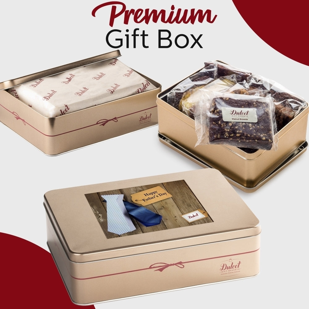 Dulcet premium Father's Day gold gift tin shown open and closed, featuring a blue necktie greeting design, branded tissue wrapping and individually wrapped gourmet brownies.