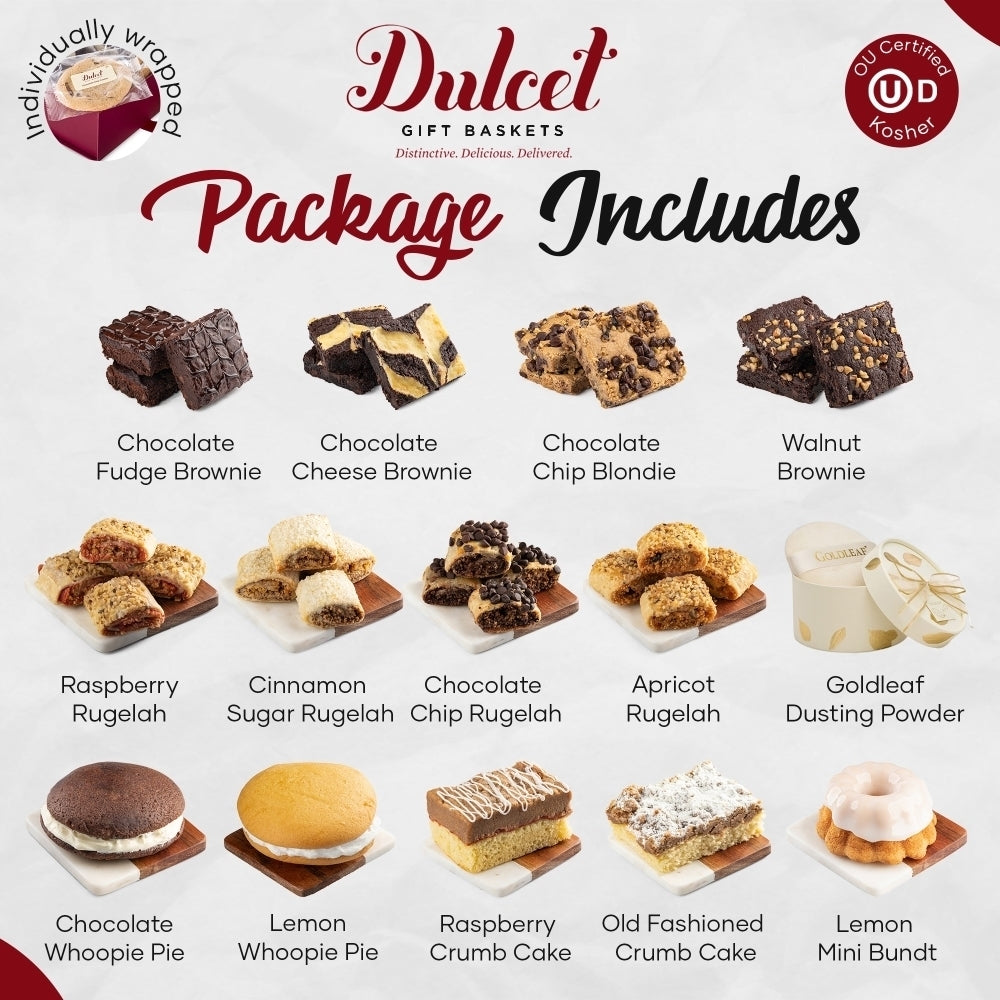 Dulcet premium bakery gift box contents infographic featuring assorted brownies, chocolate chip blondies, four rugelach flavors, chocolate and lemon whoopie pies, crumb cakes, lemon mini Bundt cake and Goldleaf dusting powder, with OU kosher certification.