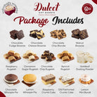 Dulcet premium bakery gift box contents infographic featuring assorted brownies, chocolate chip blondies, four rugelach flavors, chocolate and lemon whoopie pies, crumb cakes, lemon mini Bundt cake and Goldleaf dusting powder, with OU kosher certification.