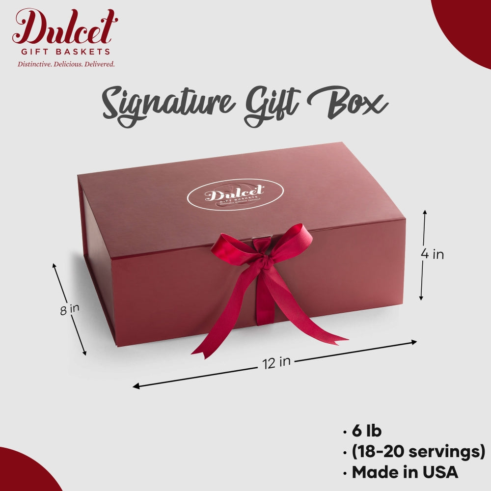 Dulcet Signature Gift Box in burgundy with ribbon, measuring 12 x 8 x 4 inches, weighing 6 lb, serving 18–20 people and made in the USA.