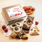Dulcet gold Valentine's Day gift tin with heart-themed packaging, assorted chocolate brownies, blondies, chocolate-topped cookies, hamantaschen and rugelach.