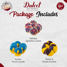 Dulcet kosher cookie assortment featuring colorful holiday sprinkle cookies, blue and yellow Easter chick cookies, and yellow and purple frosted cookies.