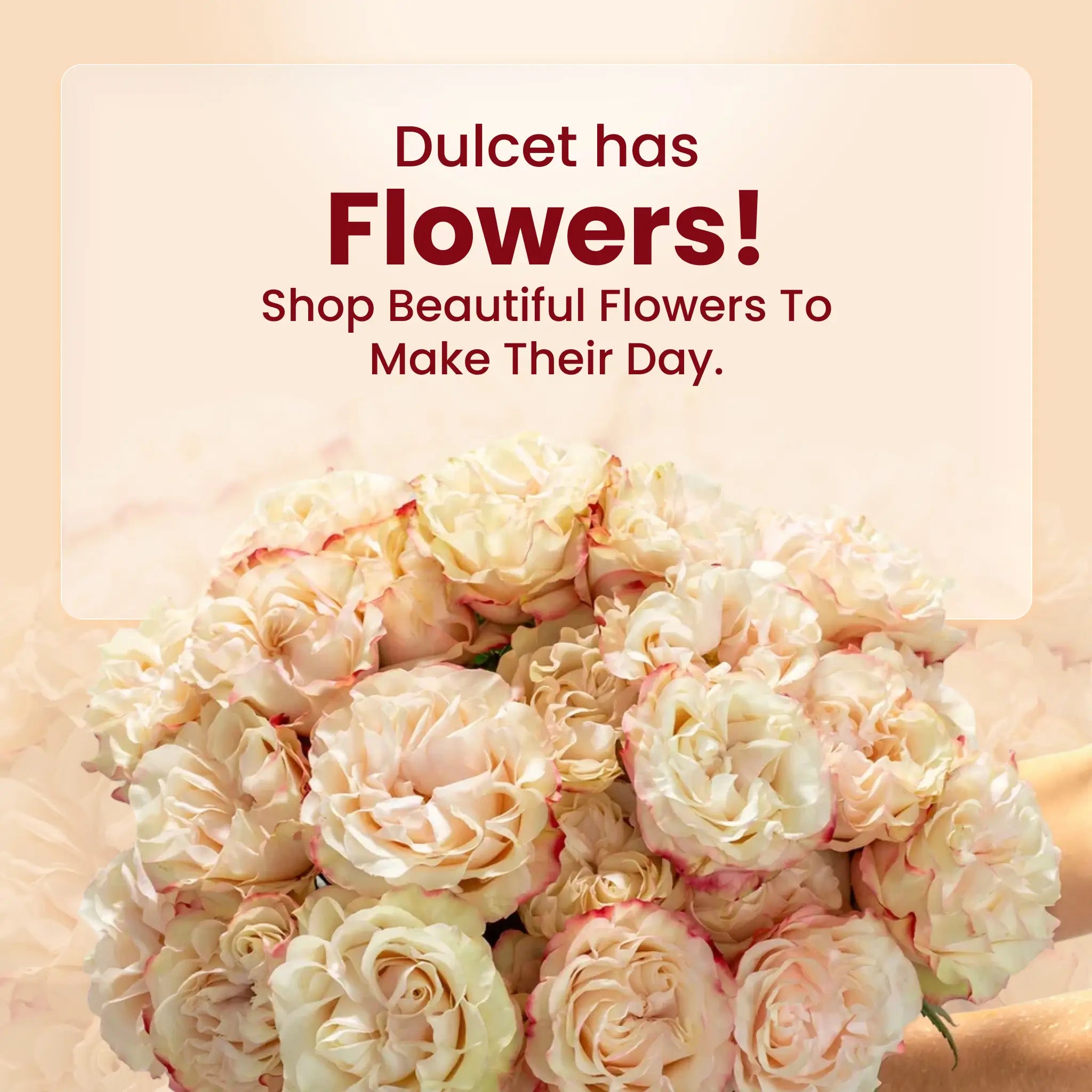 Dulcet flower delivery banner featuring a bouquet of cream and blush pink roses for thoughtful gifting.