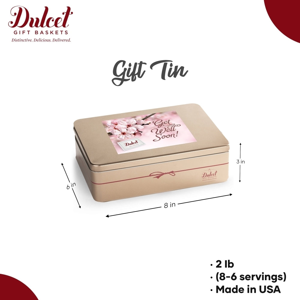 Dulcet gold Get Well Soon gift tin featuring a pink floral lid design, measuring 8 x 6 x 3 inches, weighing 2 lb, and made in the USA.