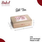 Dulcet gold Get Well Soon gift tin featuring a pink floral lid design, measuring 8 x 6 x 3 inches, weighing 2 lb, and made in the USA.