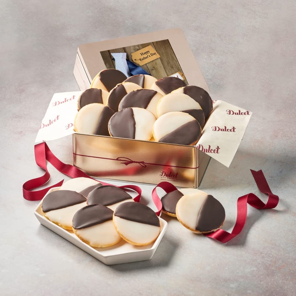 Dulcet Father's Day gold gift tin filled with black and white frosted cookies, featuring a Happy Father's Day lid design, branded packaging and burgundy ribbon.