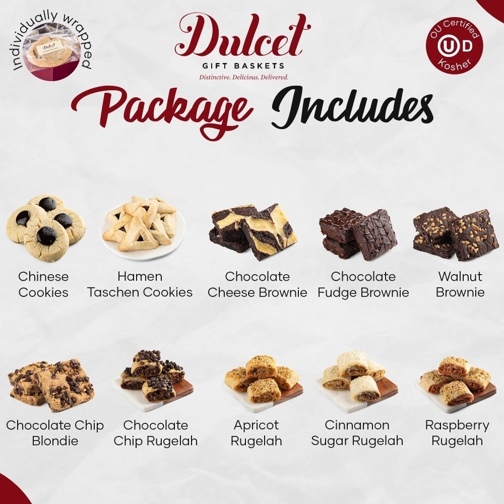 Dulcet gourmet bakery gift assortment featuring Chinese cookies, hamantaschen, chocolate brownies, blondies and assorted rugelach flavors.