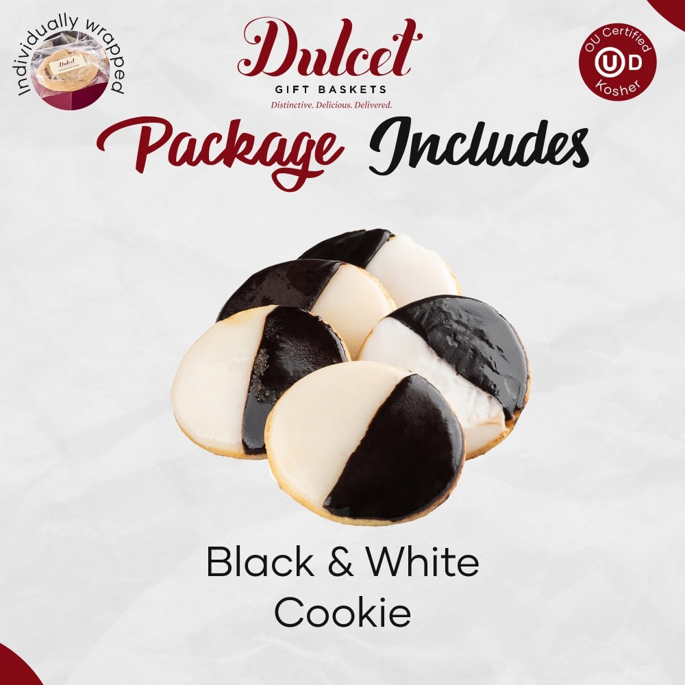 Dulcet gourmet black and white cookies with half chocolate and half vanilla icing, displayed in a package contents graphic highlighting individually wrapped, OU-certified kosher treats.