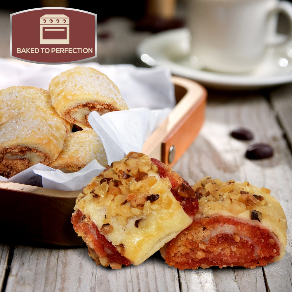 Close-up of assorted gourmet rugelach pastries with cinnamon sugar and fruit fillings, served in a wooden basket and on a rustic table.
