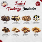 Dulcet graduation gift box contents featuring walnut brownies, chocolate cheese brownies, chocolate chip blondies, graduation hat cookies and assorted rugelach.