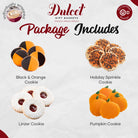 Dulcet Halloween cookie assortment featuring black and orange cookies, festive sprinkle cookies, raspberry Linzer cookies and pumpkin-shaped cookies.