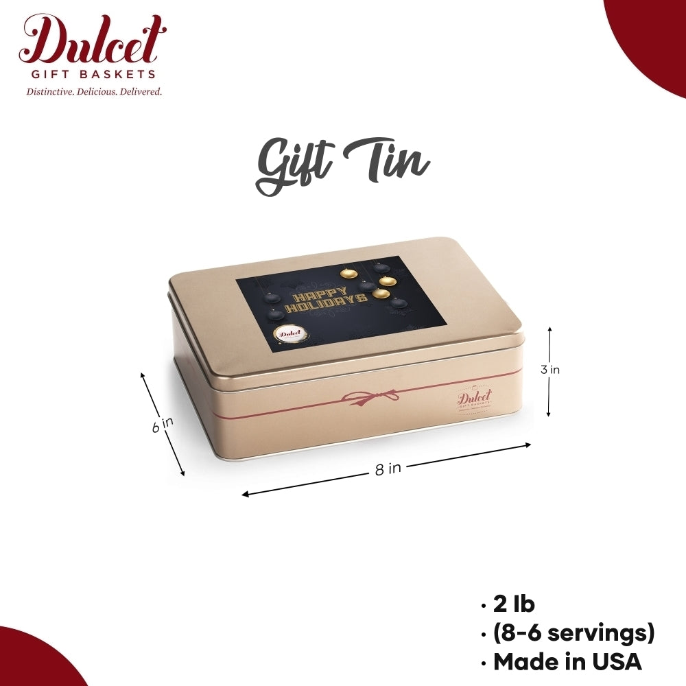 Dulcet gold holiday gift tin with a black and gold Happy Holidays lid, measuring 8 x 6 x 3 inches, weighing 2 lb, and made in the USA.