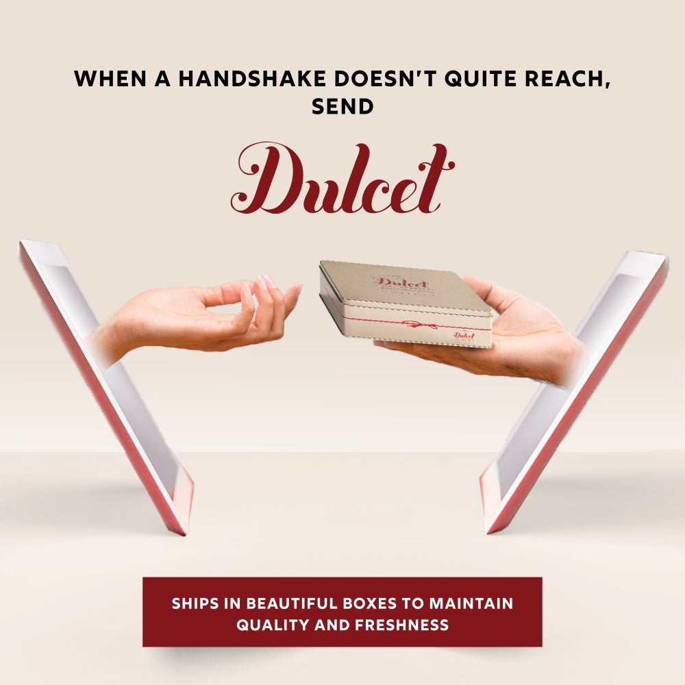 Dulcet gifting banner illustrating a gold gift tin being passed between two people through digital screens, highlighting thoughtful long-distance gifting and protective packaging for freshness.