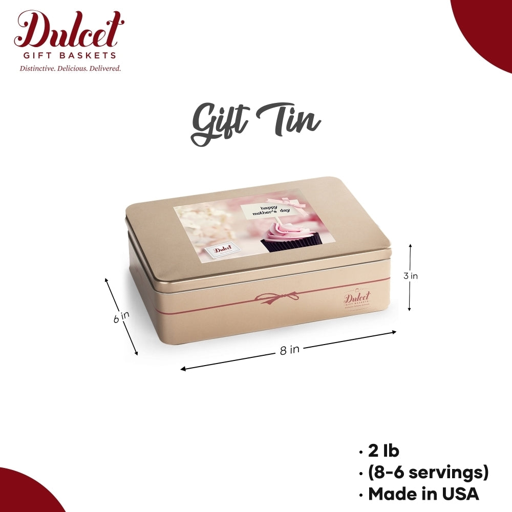 Dulcet Mother's Day gold gift tin with floral cupcake lid design, measuring 8 x 6 x 3 inches, weighing 2 lb, and made in the USA.