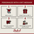 Dulcet Gift Baskets four-step checkout guide showing how to add a gift to your cart, select the gift option, and include a personalized message with your name.