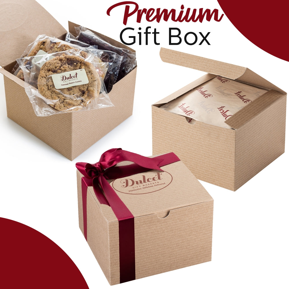 Premium Dulcet gift box featuring individually wrapped gourmet cookies and brownies in elegant kraft packaging with a burgundy ribbon bow.