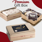 Dulcet premium holiday gift tin with Happy Holidays packaging, featuring individually wrapped gourmet brownies and assorted bakery treats.