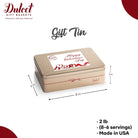 Dulcet Valentine's Day gold gift tin with decorative hearts and holiday lid, measuring 8 x 6 x 3 inches, weighing 2 lb, and made in the USA.