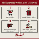 Dulcet four-step gift message guide: add to cart, select This is a Gift, enter your message at checkout and include the sender.