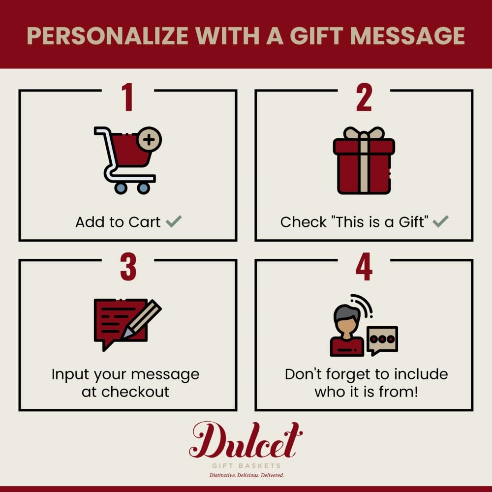 Four-step Dulcet gift personalization guide showing how to select This is a Gift and add a message and sender at checkout.