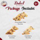 Dulcet scones assortment contents card featuring chocolate chip, cinnamon and cranberry scones.