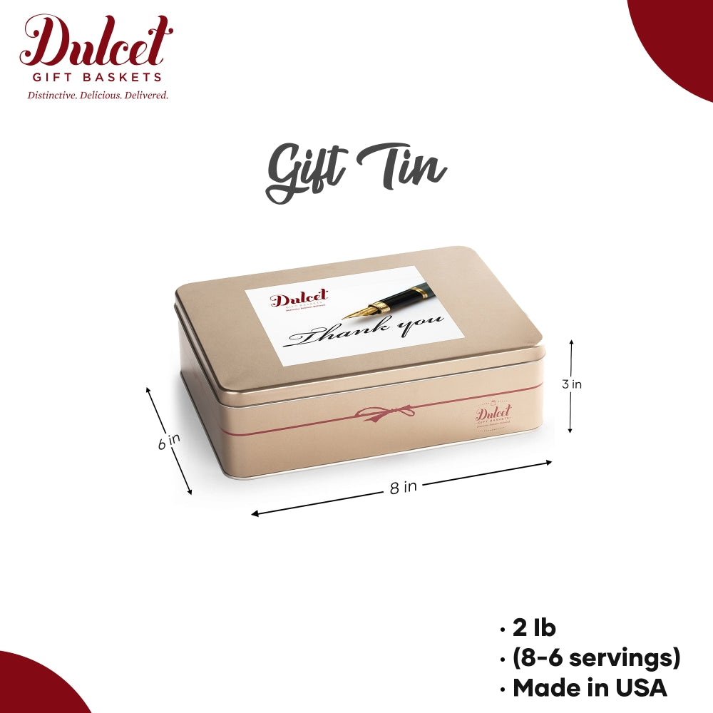Dulcet thank-you gold gift tin size guide: 8 by 6 by 3 inches, 2 lb, with 8–6 servings listed and Made in USA.