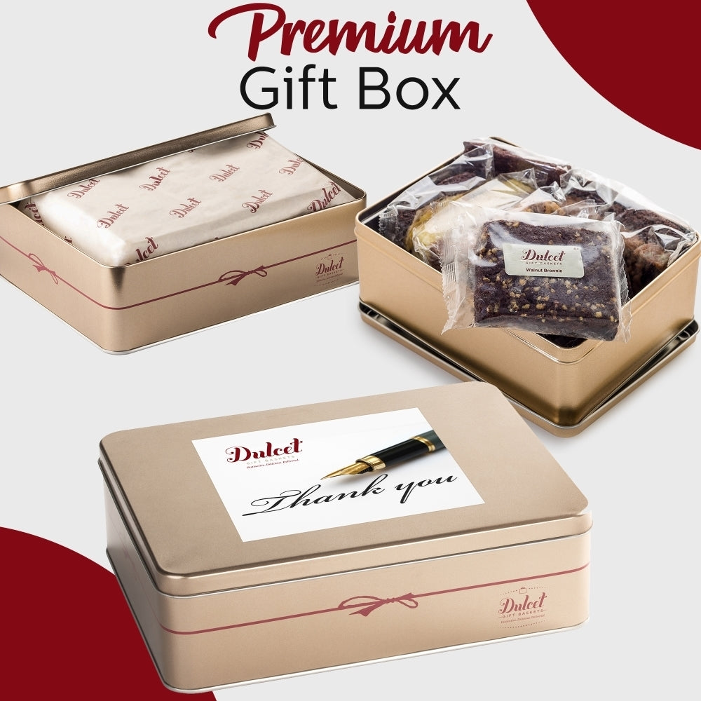 Dulcet thank-you gold gift tin shown open with individually wrapped bakery treats and closed with a fountain pen design on the lid.