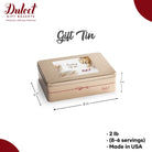 Dulcet Thinking of You gold gift tin with a leaf design, shown with dimensions of 8 by 6 by 3 inches and a 2 lb weight.