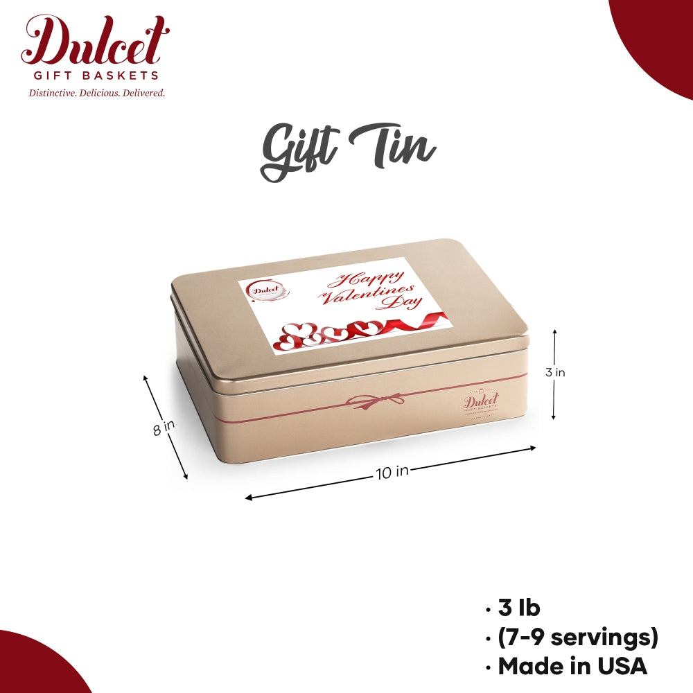 Dulcet Valentine’s Day gold gift tin size guide showing 10 by 8 by 3 inches, a 3 lb weight and 7–9 servings.